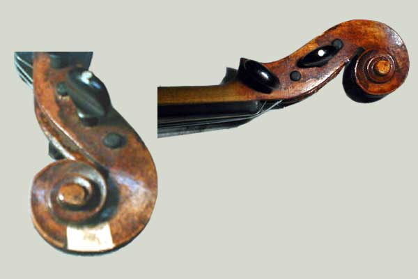 Violin scroll repair completed  by Marc Gregoire, Vermont violin maker at Gregoire's Violin Shop