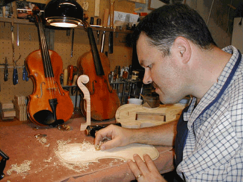 Marc, Vermont violin maker, luthier,in his shop Gregoire's Violin Shop